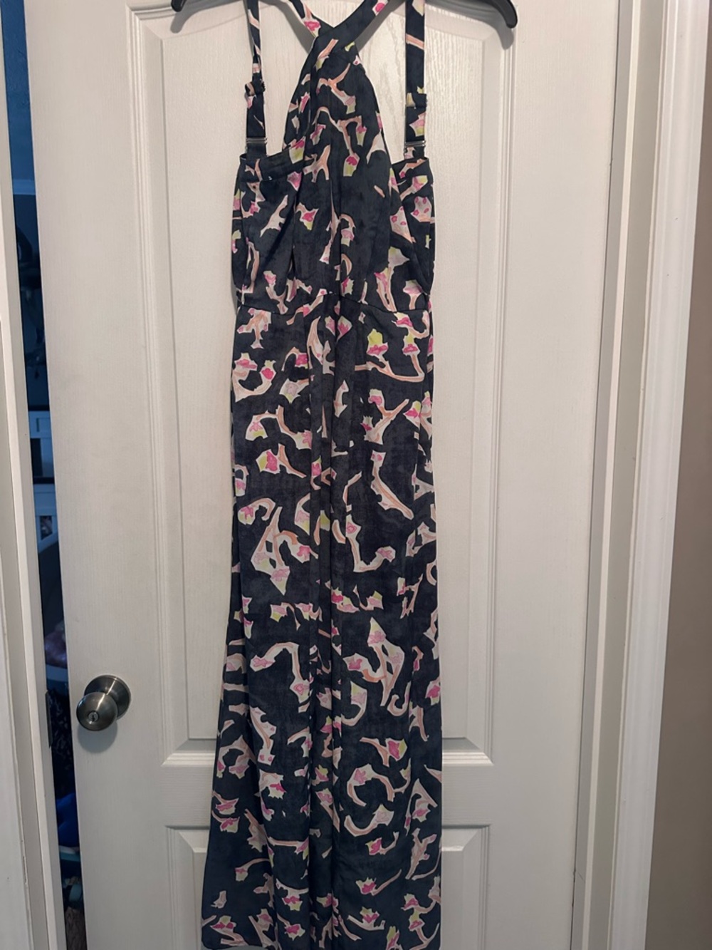 CAbi Black Backless Maxi Dress with Pink and Cream Abstract Print